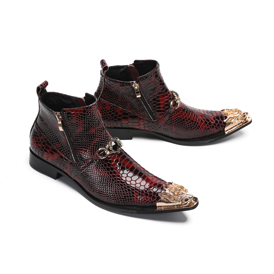 Men'S Shoes Zipper - メンズファッションメタルポインテッドトゥ本革アンクルブーツ、ジッパー付きバイク用ショートブーツ、男性用クラブパーティードレスシューズ、プラスサイズ