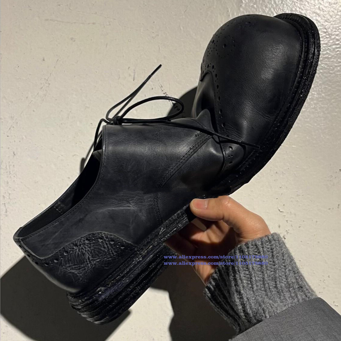 Oxford Brogue Leather - ヴィンテージブラックレザーブローグレースアップオックスフォードストリートウェアフットウェア身長アップビッグラウンドトゥメンズシューズトレンディメンズシューズ