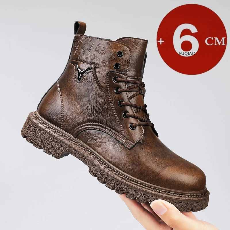 Men'S Shoes Height Increase - 6cm身長アップ効果のあるメンズブーツ、レザー製、アウトドア、秋冬用シューズ、暖かい、滑り止め、快適なエレベーターアンクルブーツ