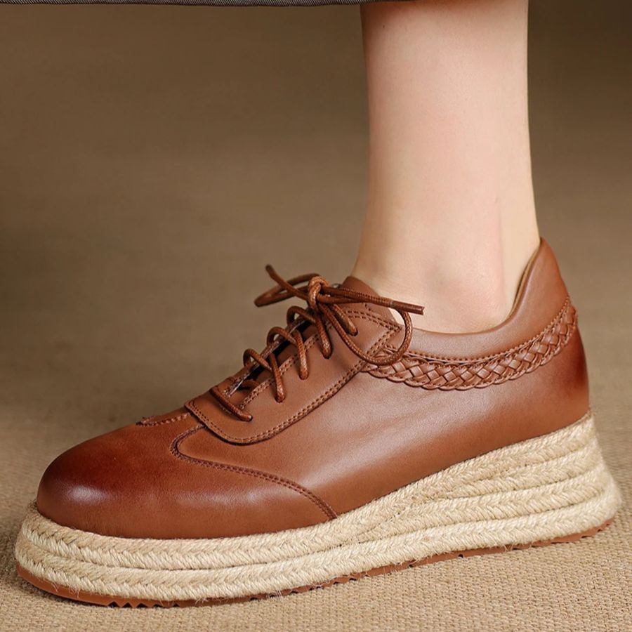 Oxford Brogue Leather - EAGSITY 牛革ブラウンオックスフォードシューズスタイル女性エスパドリーユウェッジシューズラウンドトゥレースアップブローグ靴ウォーキングスニーカー