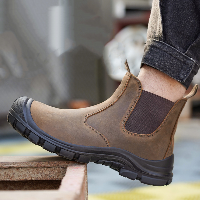 Men'S Shoes For Work - 大きいサイズのメンズファッション、スチールトゥカバー付きワークブーツ、牛革安全靴、黒と茶色の作業用チェルシーブーツ、保護靴