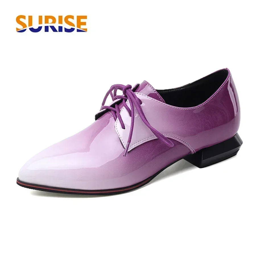 Oxford Brogue Leather - 英国女性オックスフォードグラデーション赤紫パテントレザーフラットカジュアルオフィスレディースポインテッドトゥレースアップブローグダービープラスサイズ