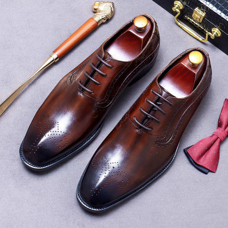 Oxford Brogue Leather - メンズヴィンテージ風エンボス加工ブローグオックスフォードシューズ、本革ウィングチップドレスシューズ、滑り止めフォーマルビジネスシューズ