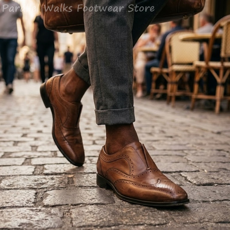 Oxford Brogue Leather - メンズブラウンレザーブローグシューズスリッポン弾性穴あきウィングチップフォーマルイブニングパーティードレスシューズオックスフォードクラシックローファーシューズ