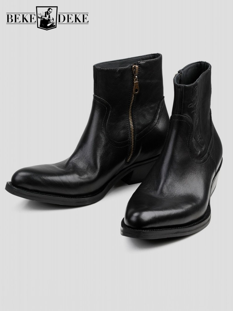 Men'S Shoes Zipper - 新しいメンズジッパー牛革アンクルブーツフラワーブラックハイカットシューズ男性用ポインテッドトゥフットウェアシックな本革ウェスタンスタイルブーツ