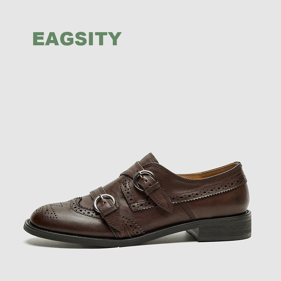 Oxford Brogue Leather - EAGSITY 牛革英国スタイルの女性の靴オックスフォードブロックヒールラウンドトゥダービーシューズブローグカジュアルアウトドアレトロワークシューズ