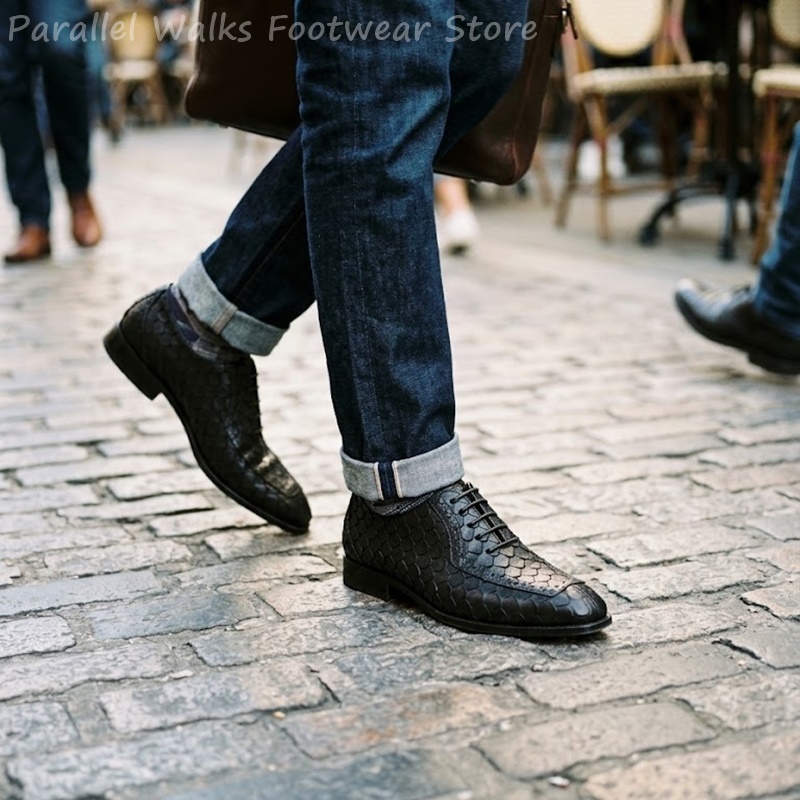 Oxford Brogue Leather - サルタリアルメンズオックスフォードシューズ、魚鱗模様のエンボス加工レザー、ブローグウィングチップ、ポインテッドトゥ、レースアップ、フォーマル、ビジネス、ダービー、ウェディングシューズ、オックスフォード