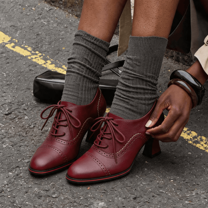 Oxford Brogue Leather - レディース フェイクレザー ブローグ オックスフォード ヒール フレア