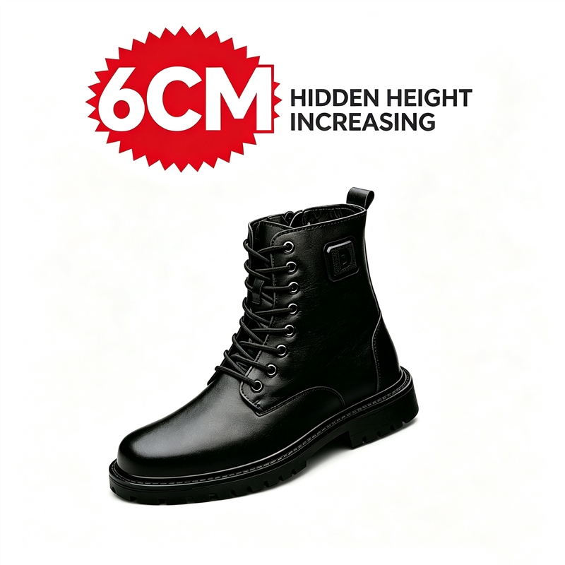Men'S Shoes Height Increase - メンズ6cm身長アップレザーブーツ 冬用フリース裏地付き暖かいアンクルブーツ 滑り止めサイドジッパー レースアップ エレベーターブーツ
