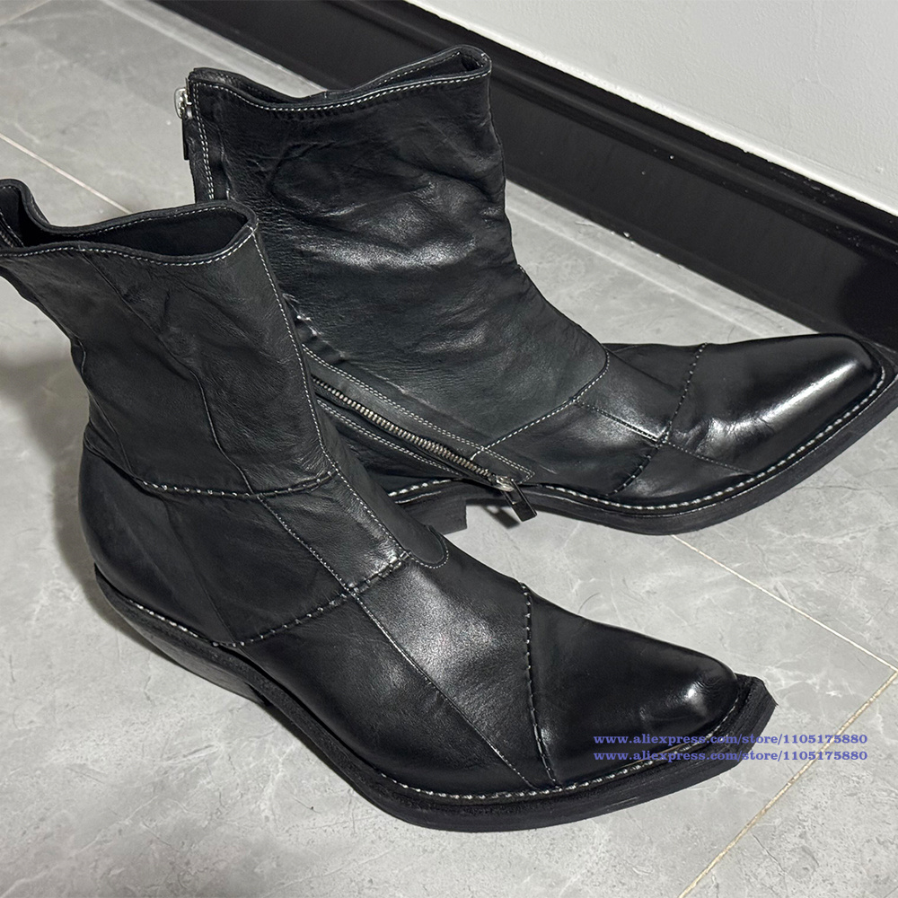 黒革メンズブーツポインテッドトゥジッパーアンクルチェルシーブ - Men'S Shoes Zipper のレビューと価格