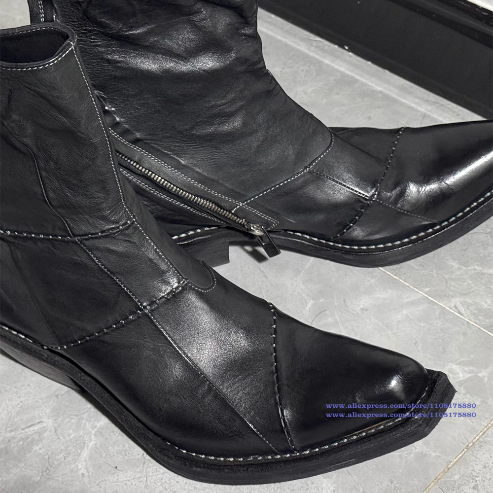 黒革メンズブーツポインテッドトゥジッパーアンクルチェルシーブ - Men'S Shoes Zipper のレビューと価格