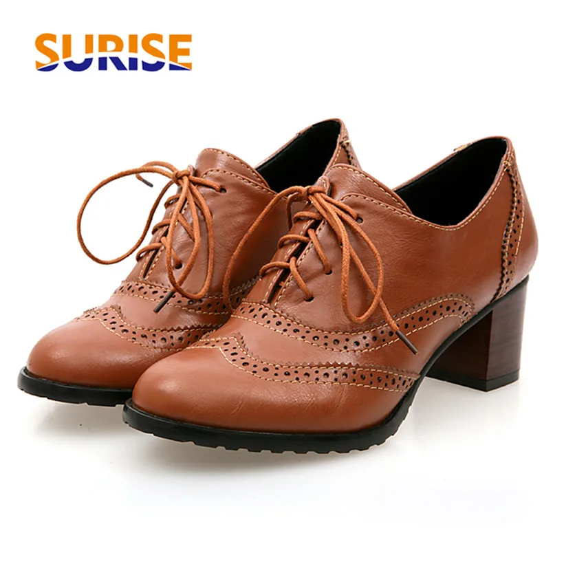 Oxfords-女性用ハイブロックヒール、ブラウンレザー、ラ - Oxford Brogue Leather のレビューと価格