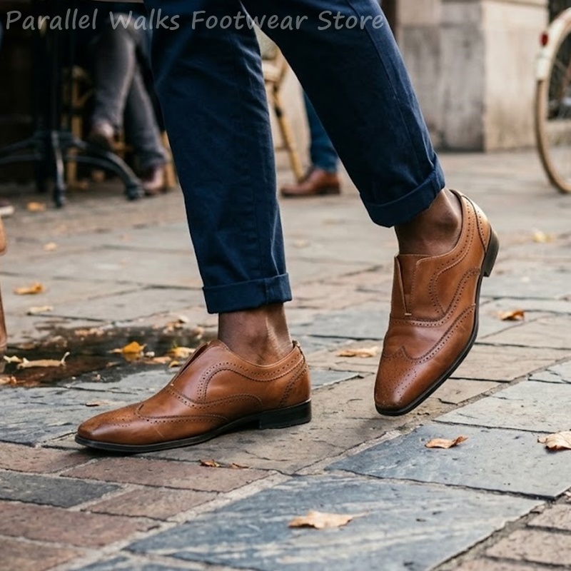 メンズブラウンレザーブローグシューズスリッポン弾性穴あきウィ - Oxford Brogue Leather のレビューと価格