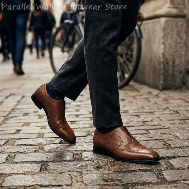 メンズブラウンレザーブローグシューズスリッポン弾性穴あきウィ - Oxford Brogue Leather のレビューと価格