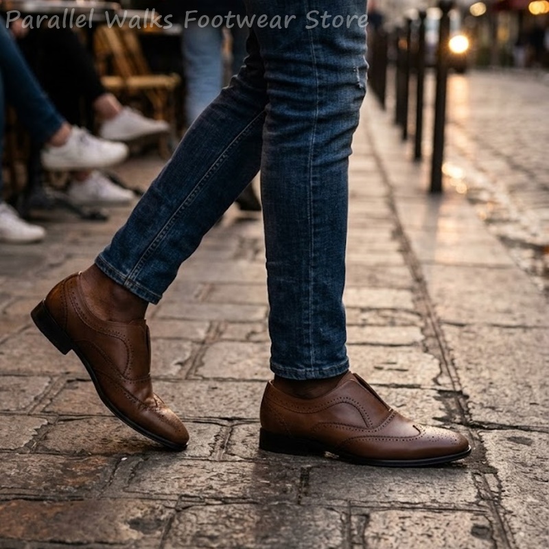 メンズブラウンレザーブローグシューズスリッポン弾性穴あきウィ - Oxford Brogue Leather のレビューと価格