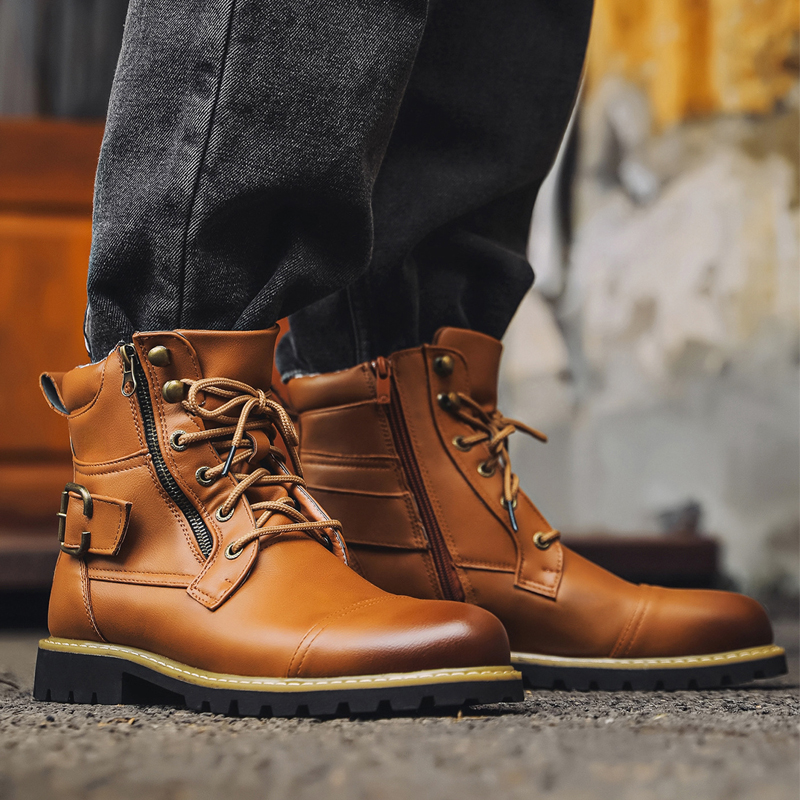 品質の男性の革のブーツ金属ダブルジッパーオートバイのブーツオ - Men'S Shoes Zipper のレビューと価格