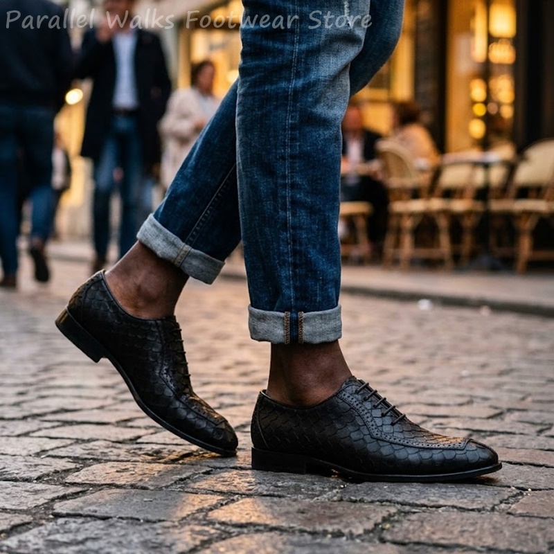 サルタリアルメンズオックスフォードシューズ、魚鱗模様のエンボ - Oxford Brogue Leather のレビューと価格